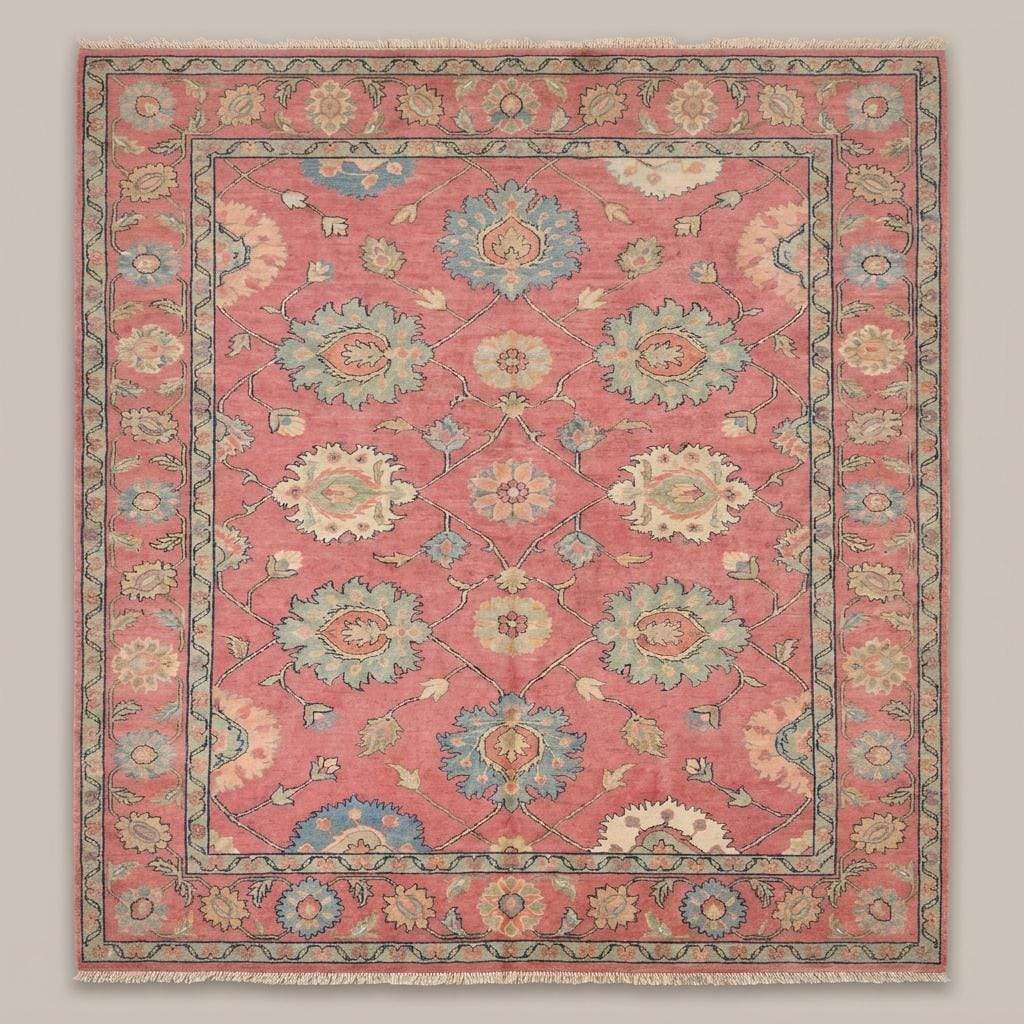 Vintage Turkish style pink area rug with blue floral accents and decorative border on hardwood flooring __etsy:8119356277