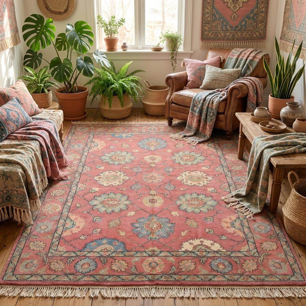 Traditional pink wool carpet with floral lattice pattern styled in elegant cottagecore living room setting __etsy:8119356329