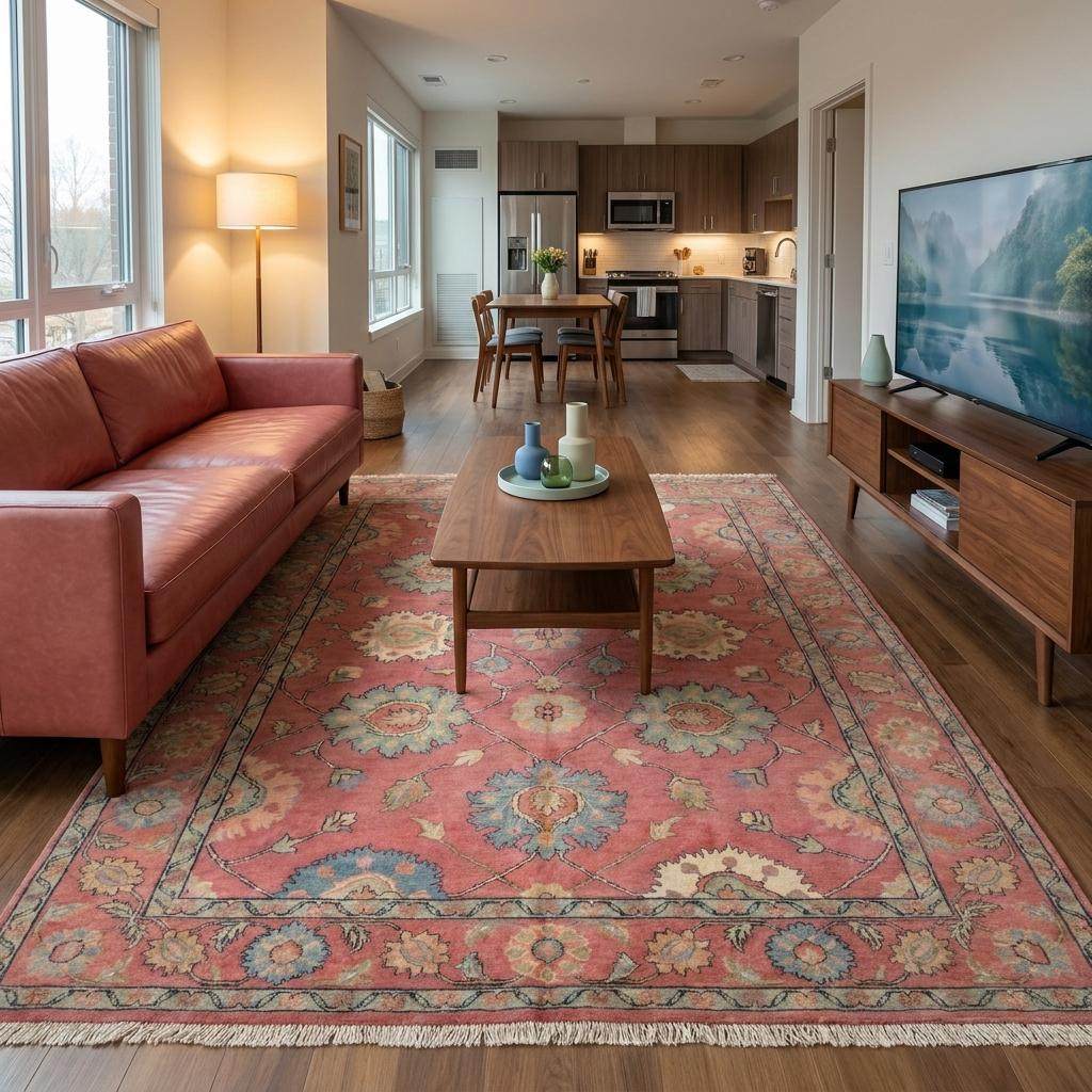 Large hand knotted floral rug featuring muted pink, ivory, and blue tones for bedroom or dining room décor __etsy:8119356311