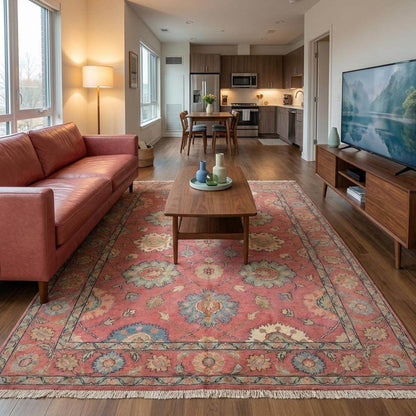 Large hand knotted floral rug featuring muted pink, ivory, and blue tones for bedroom or dining room décor __etsy:8119356311
