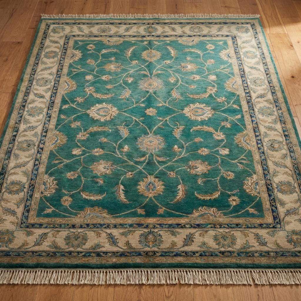 Traditional Persian style carpet styling suitable for transitional living room decor.
