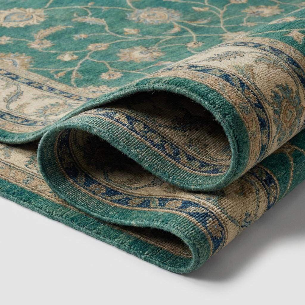 Hand Knotted Rug Green Teal, Wool Area Rug Oushak Style, Floral Persian Carpet for Living Room, Transitional Home Decor, Muted Emerald
