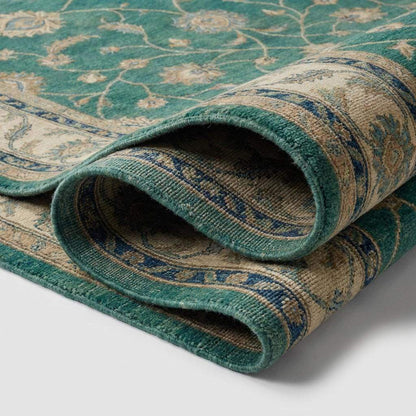 Hand Knotted Rug Green Teal, Wool Area Rug Oushak Style, Floral Persian Carpet for Living Room, Transitional Home Decor, Muted Emerald