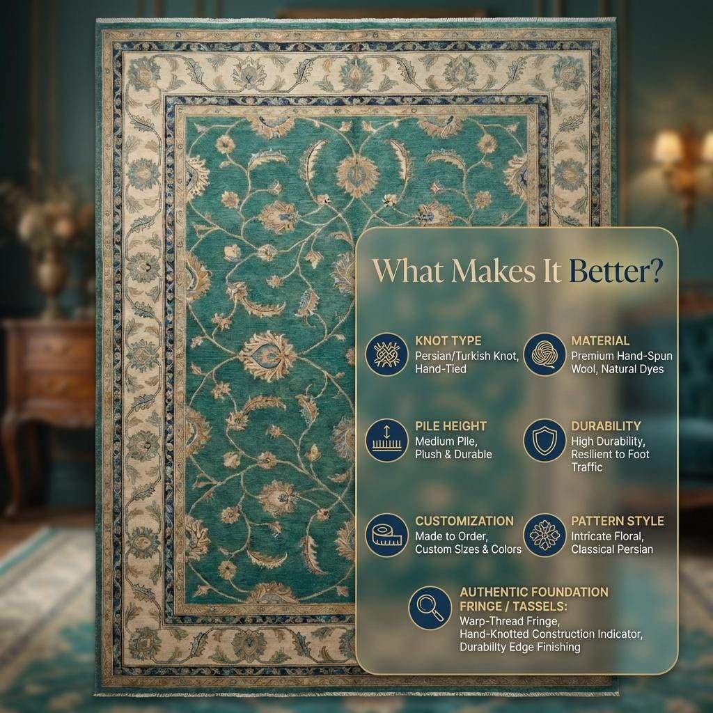 Hand Knotted Rug Green Teal, Wool Area Rug Oushak Style, Floral Persian Carpet for Living Room, Transitional Home Decor, Muted Emerald