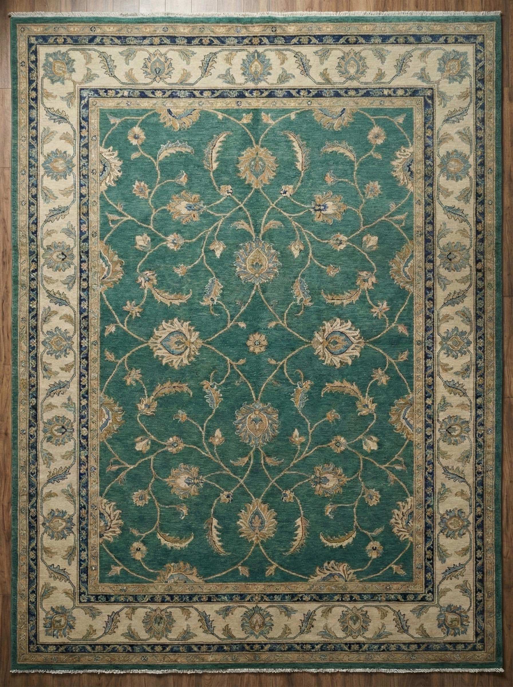 Hand knotted teal green wool rug with floral Persian design for living room decor