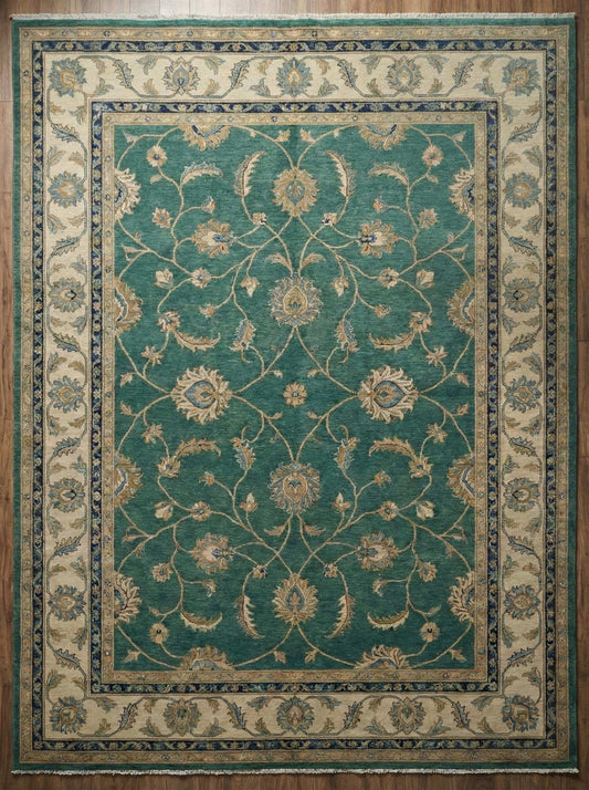 Hand knotted teal green wool rug with floral Persian design for living room decor