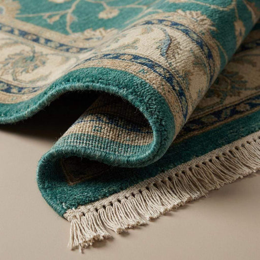 Hand Knotted Rug Green Teal, Wool Area Rug Oushak Style, Floral Persian Carpet for Living Room, Transitional Home Decor, Muted Emerald