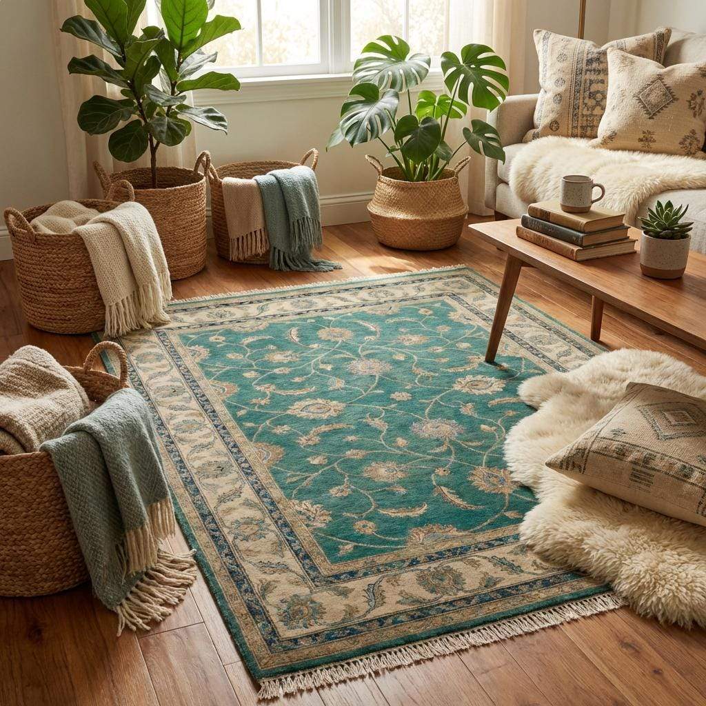 floral vine pattern and palmette motifs in beige and tan on a green background.