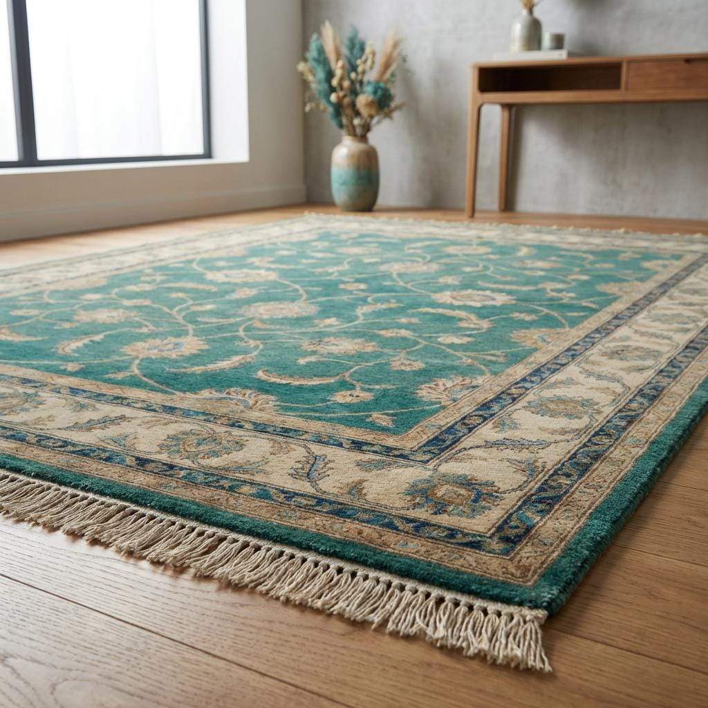 Detail of authentic hand-bound edges and fringe on a handmade oriental wool rug.