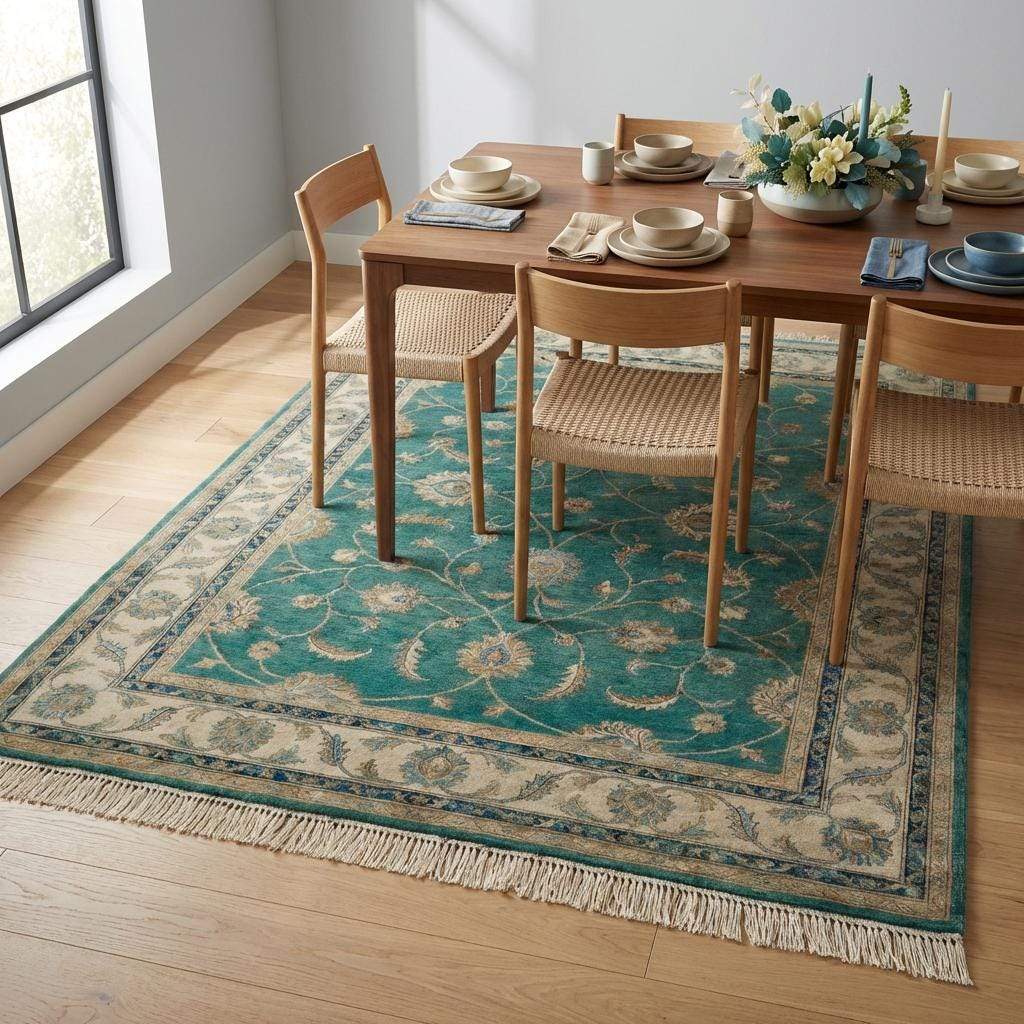 Hand Knotted Rug Green Teal, Wool Area Rug Oushak Style, Floral Persian Carpet for Living Room, Transitional Home Decor, Muted Emerald