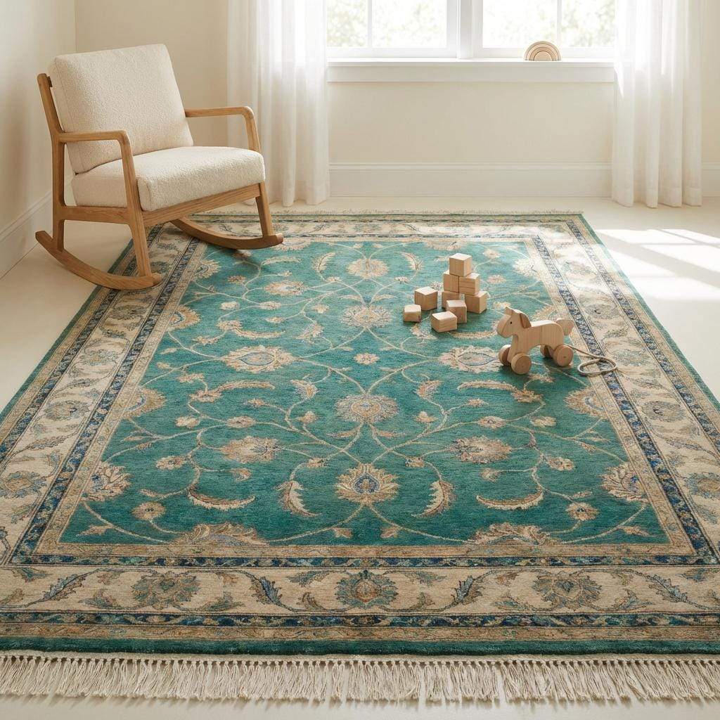Angled perspective of teal wool area rug showing sheen and thickness on a wooden floor.