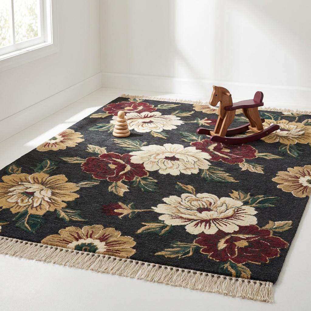 Elegant bedroom decor idea using a dark floral hand knotted carpet to add warmth and sophistication to a neutral space. __etsy:7693691917