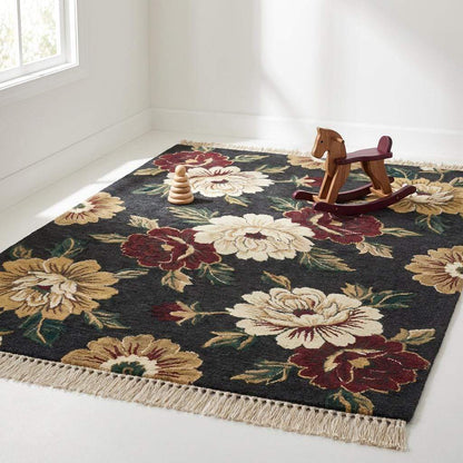 Elegant bedroom decor idea using a dark floral hand knotted carpet to add warmth and sophistication to a neutral space. __etsy:7693691917