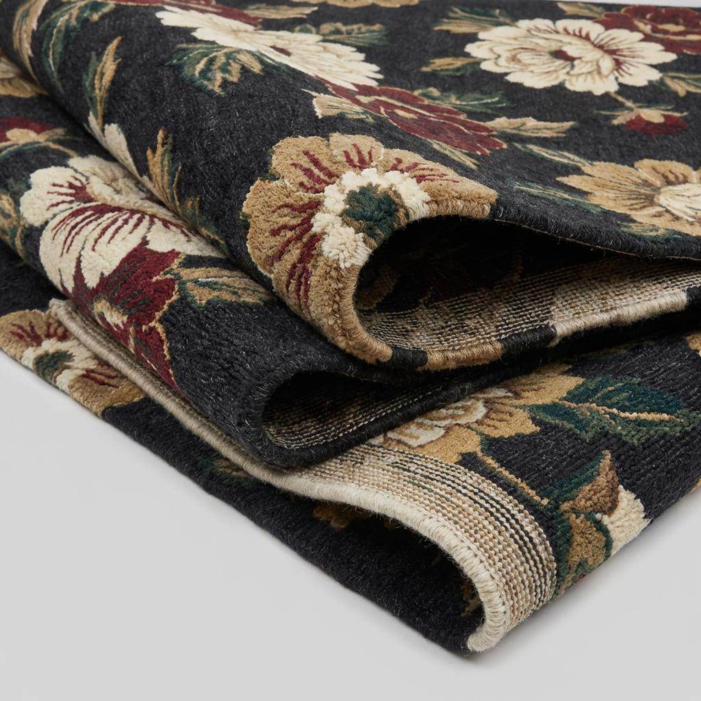 Hand Knotted Rug Wool, Black Floral Area Rug, Dark Moody Bedroom Decor, Large Flower Carpet, Traditional Living Room Rug 8x10, 9x12, 6x9 __etsy:7693691925