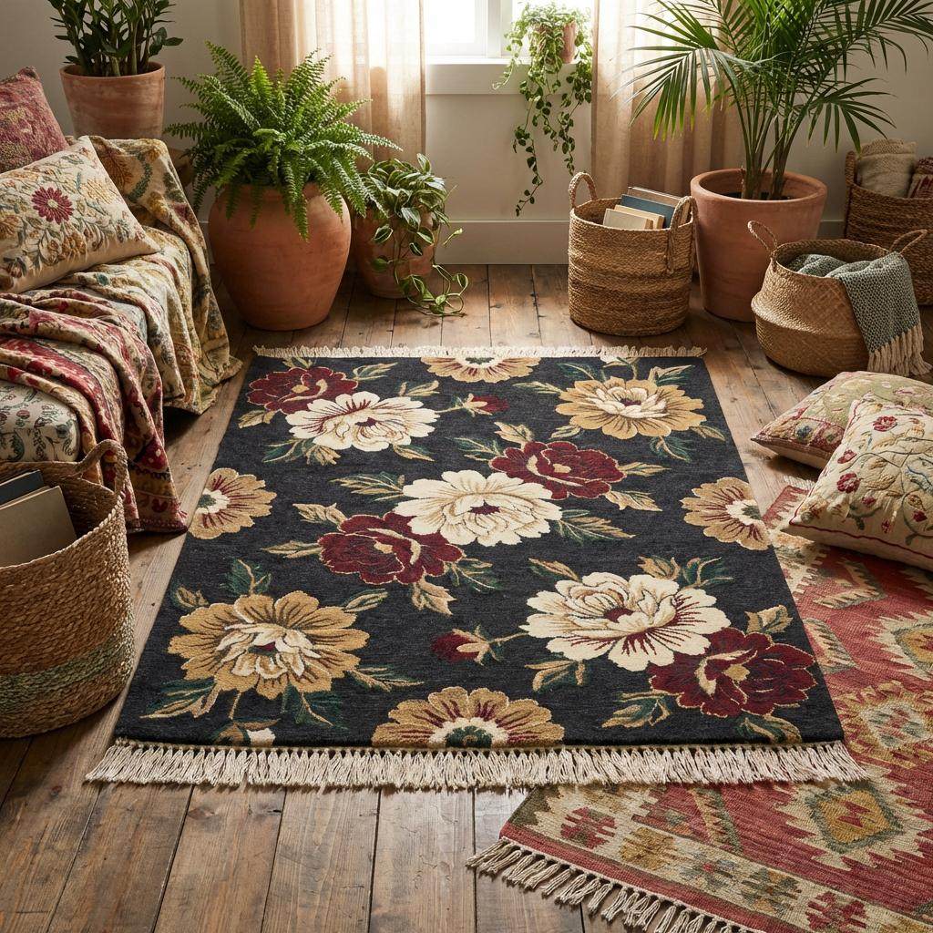 Detailed view of rug colors showing deep black ground with beige, rust red, and sage green botanical motifs. __etsy:7645741516