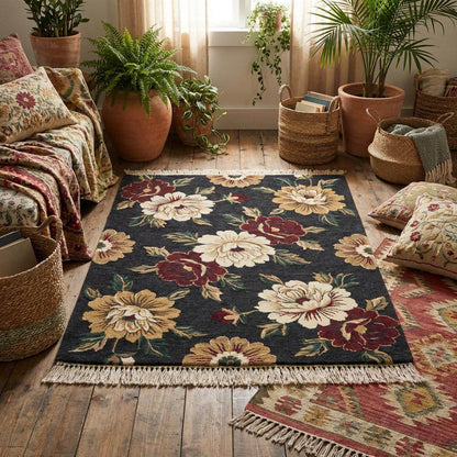 Detailed view of rug colors showing deep black ground with beige, rust red, and sage green botanical motifs. __etsy:7645741516