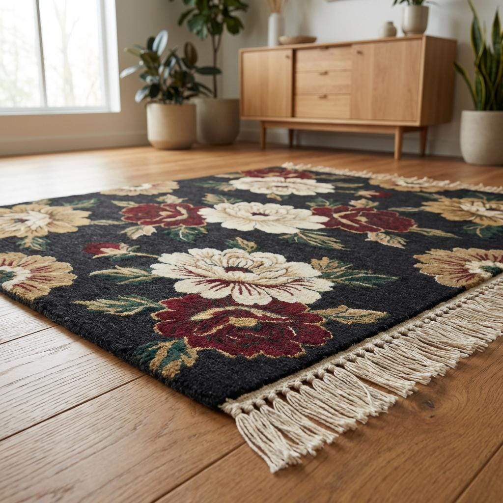 Side angle of the rug on a wood floor showing the natural wool fringe and flat, durable edges typical of hand-knotted construction. __etsy:7693691905