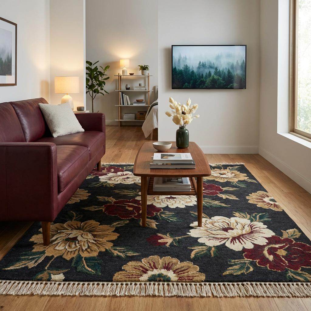 Hand Knotted Rug Wool, Black Floral Area Rug, Dark Moody Bedroom Decor, Large Flower Carpet, Traditional Living Room Rug 8x10, 9x12, 6x9 __etsy:7645741490