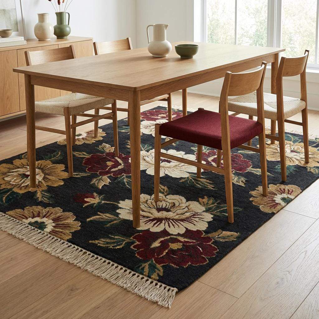 Hand Knotted Rug Wool, Black Floral Area Rug, Dark Moody Bedroom Decor, Large Flower Carpet, Traditional Living Room Rug 8x10, 9x12, 6x9 __etsy:7693691913