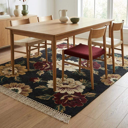 Hand Knotted Rug Wool, Black Floral Area Rug, Dark Moody Bedroom Decor, Large Flower Carpet, Traditional Living Room Rug 8x10, 9x12, 6x9 __etsy:7693691913