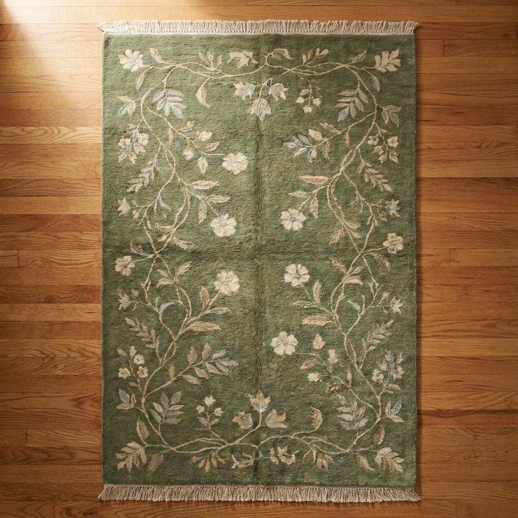 Hand Knotted Sage Green Wool Oushak Floral Area Rug for Bedroom