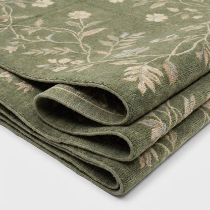 Hand Knotted Sage Green Wool Oushak Floral Area Rug for Bedroom