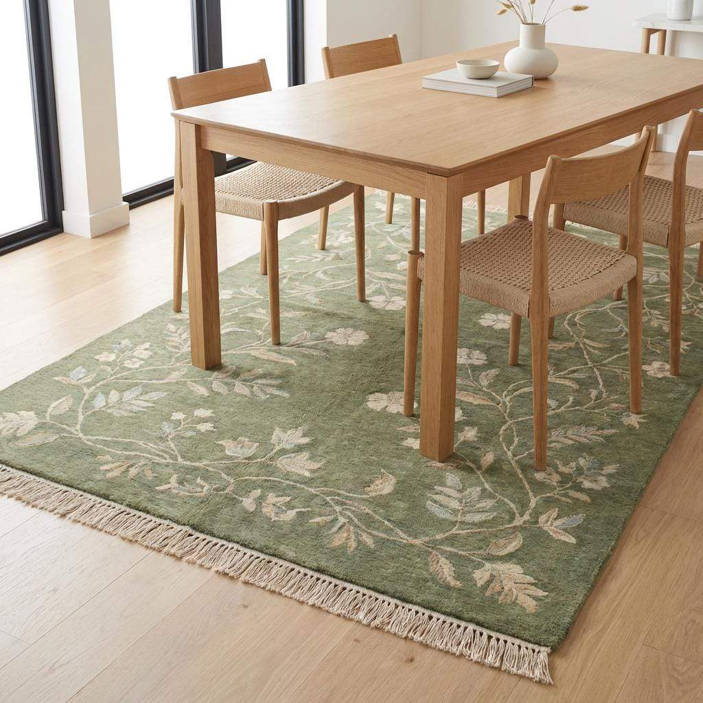 Hand Knotted Sage Green Wool Oushak Floral Area Rug for Bedroom