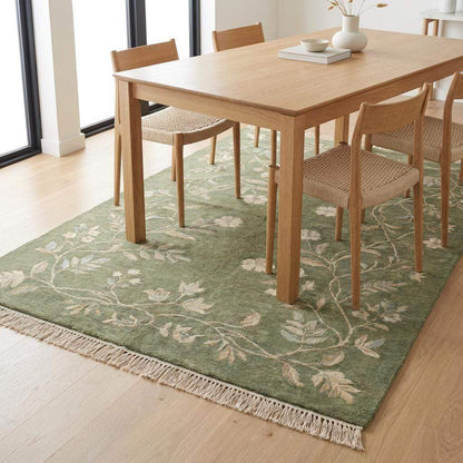 Hand Knotted Sage Green Wool Oushak Floral Area Rug for Bedroom