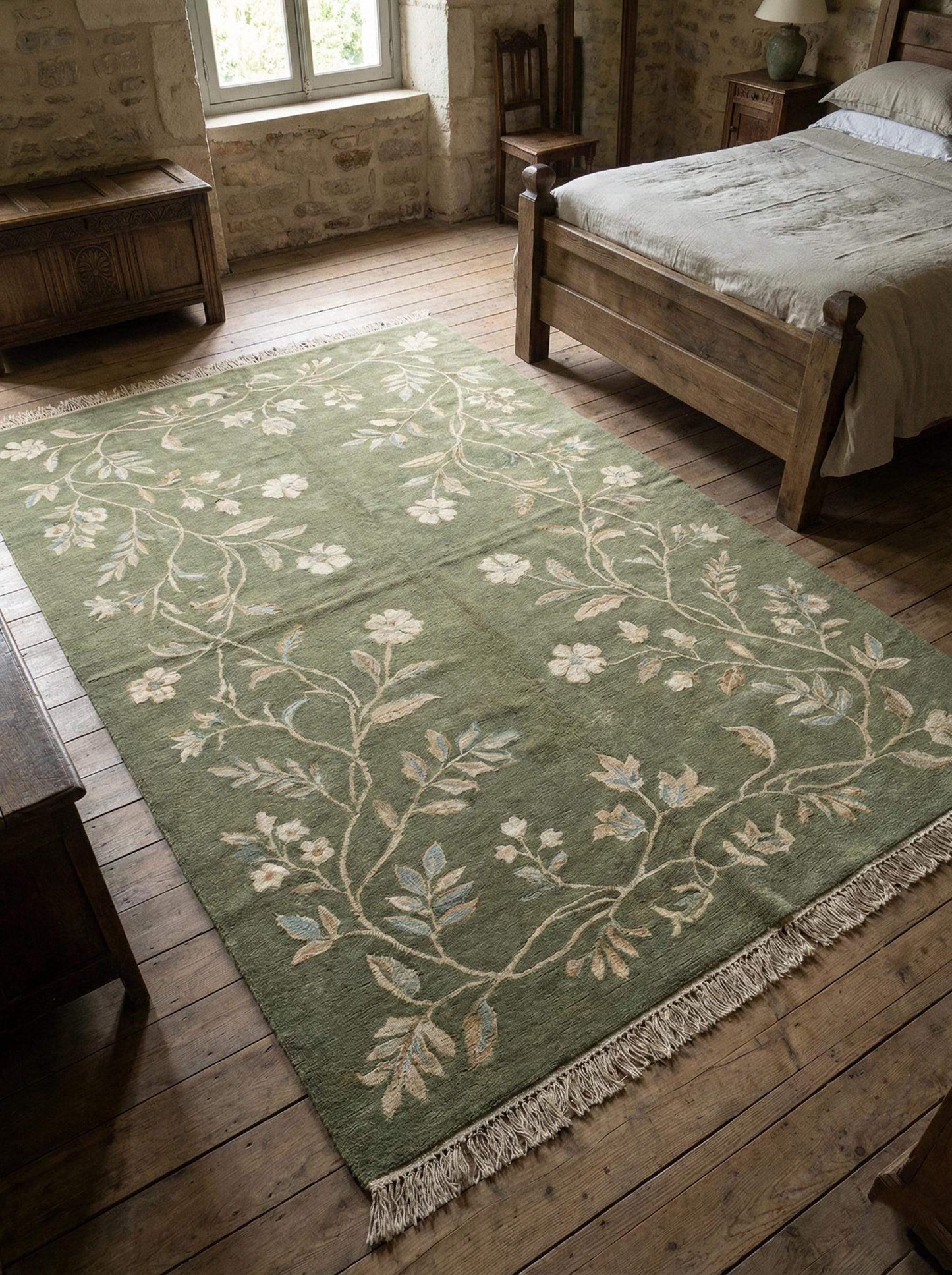Hand knotted sage green wool Oushak floral area rug with traditional craftsmanship for bedroom decor