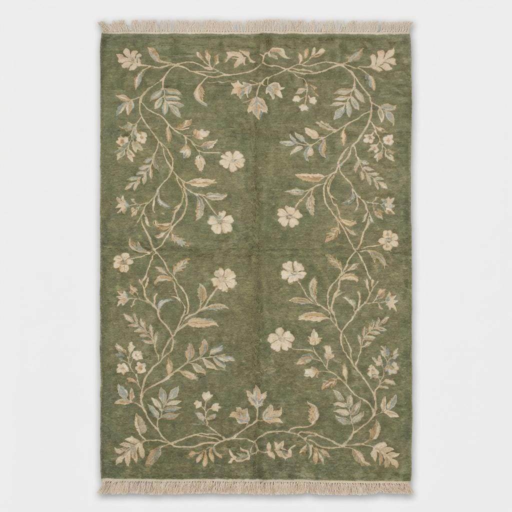 Floral hand knotted wool area rug with ivory and muted blue botanical details