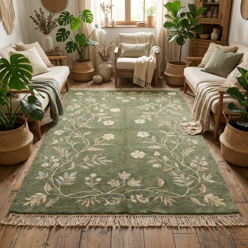 Traditional Oushak style green wool rug styled with wooden furniture and neutral decor