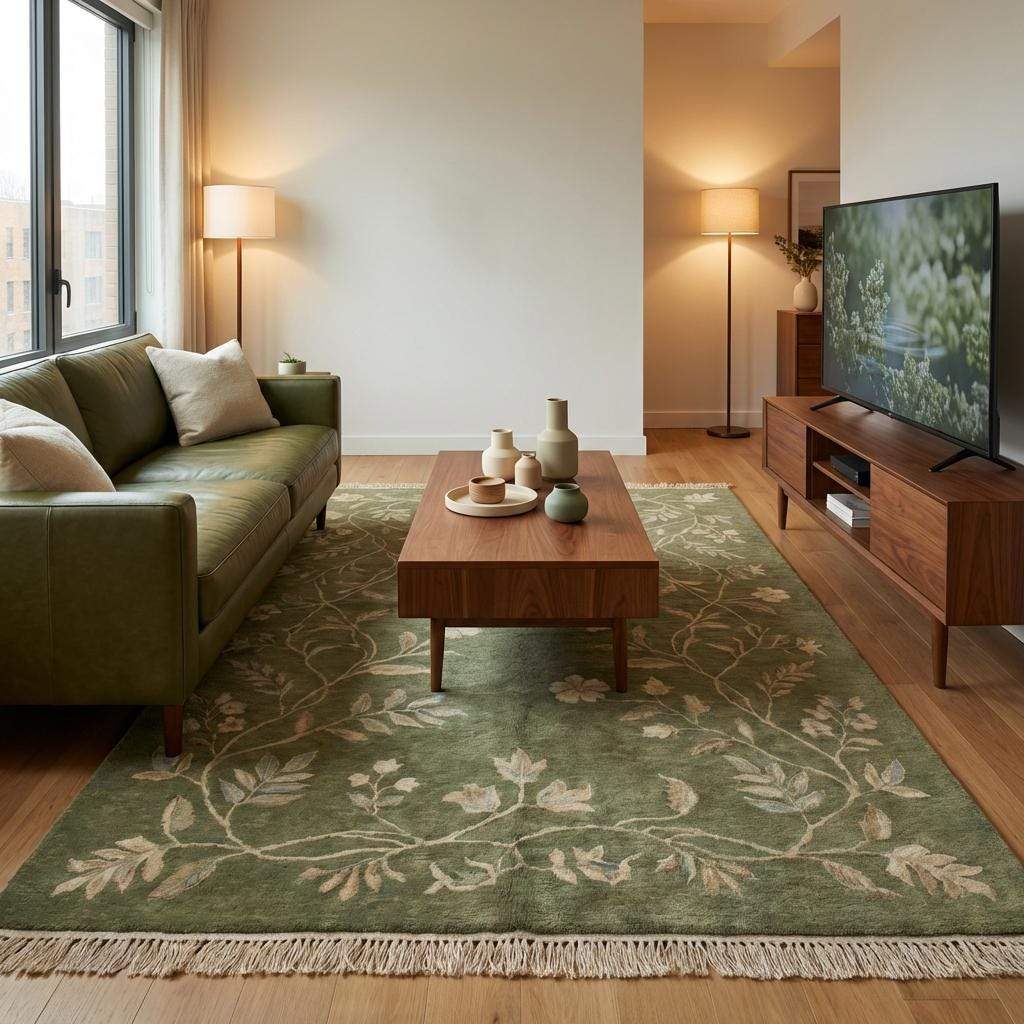 Bedroom styled with sage green hand knotted floral wool area rug on wood floor