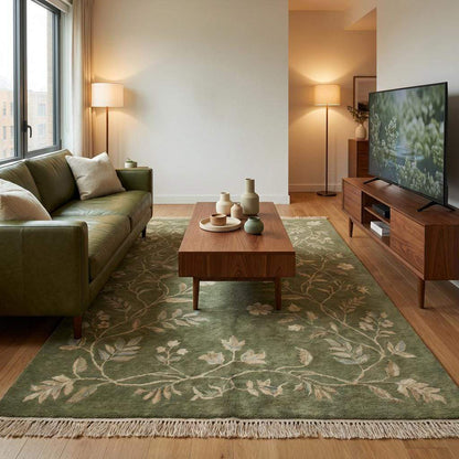 Bedroom styled with sage green hand knotted floral wool area rug on wood floor