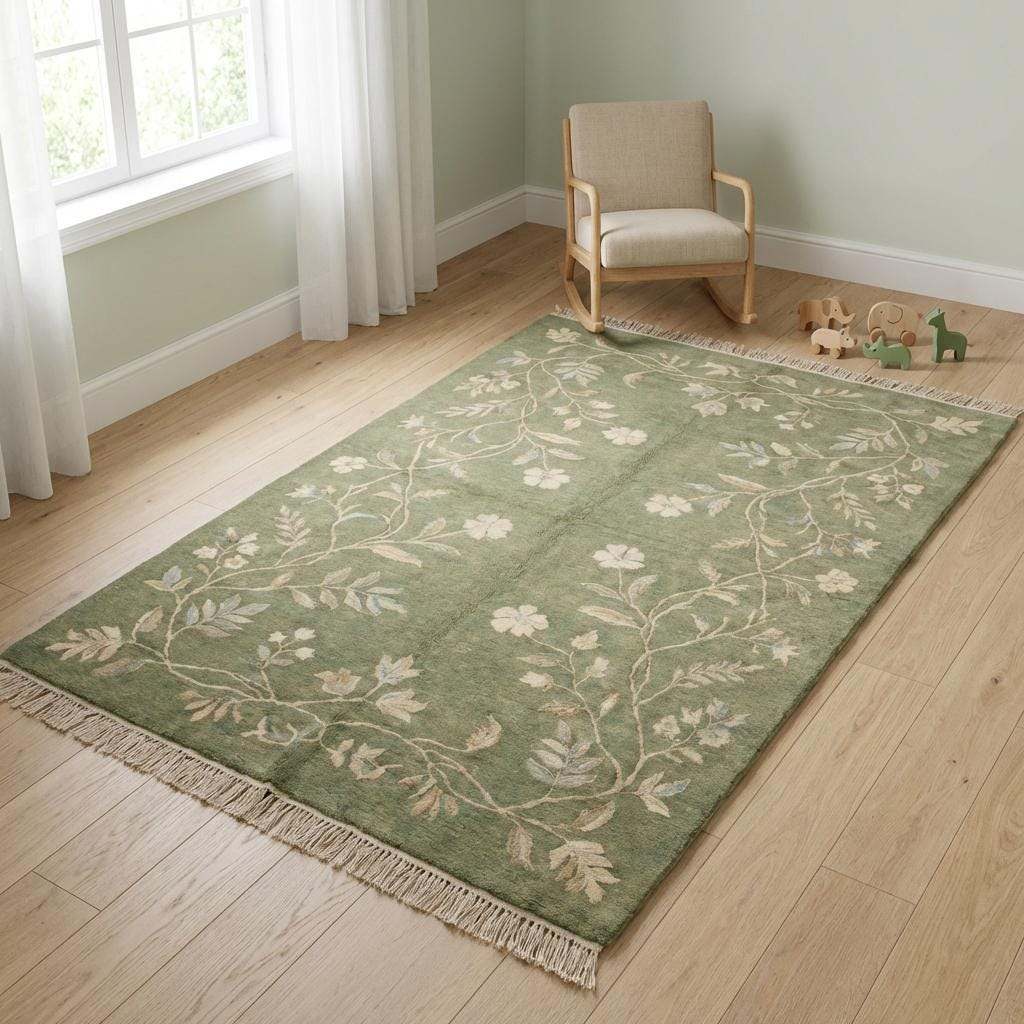 Hand Knotted Sage Green Wool Oushak Floral Area Rug for Bedroom