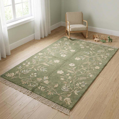 Hand Knotted Sage Green Wool Oushak Floral Area Rug for Bedroom