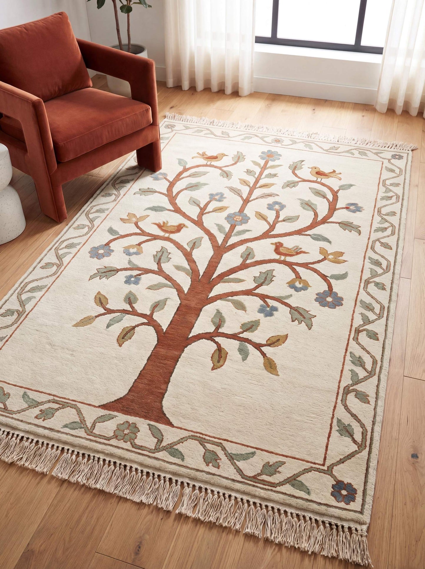Hand knotted tree of life rug with floral vines and birds in neutral wool tones styled in modern living room __etsy:7917706136