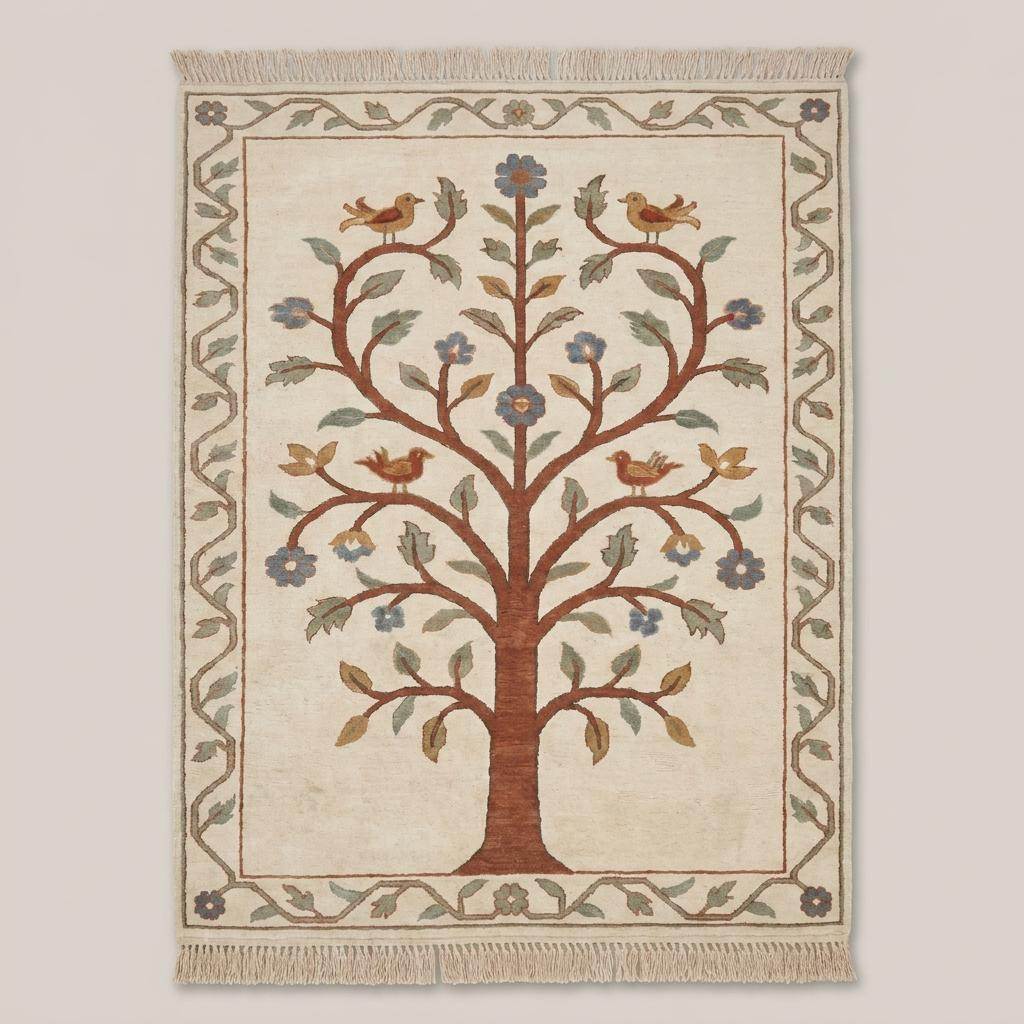 Oushak style floral bird rug with tree motif in beige and rust tones placed on wooden floor near accent chair __etsy:7965657139