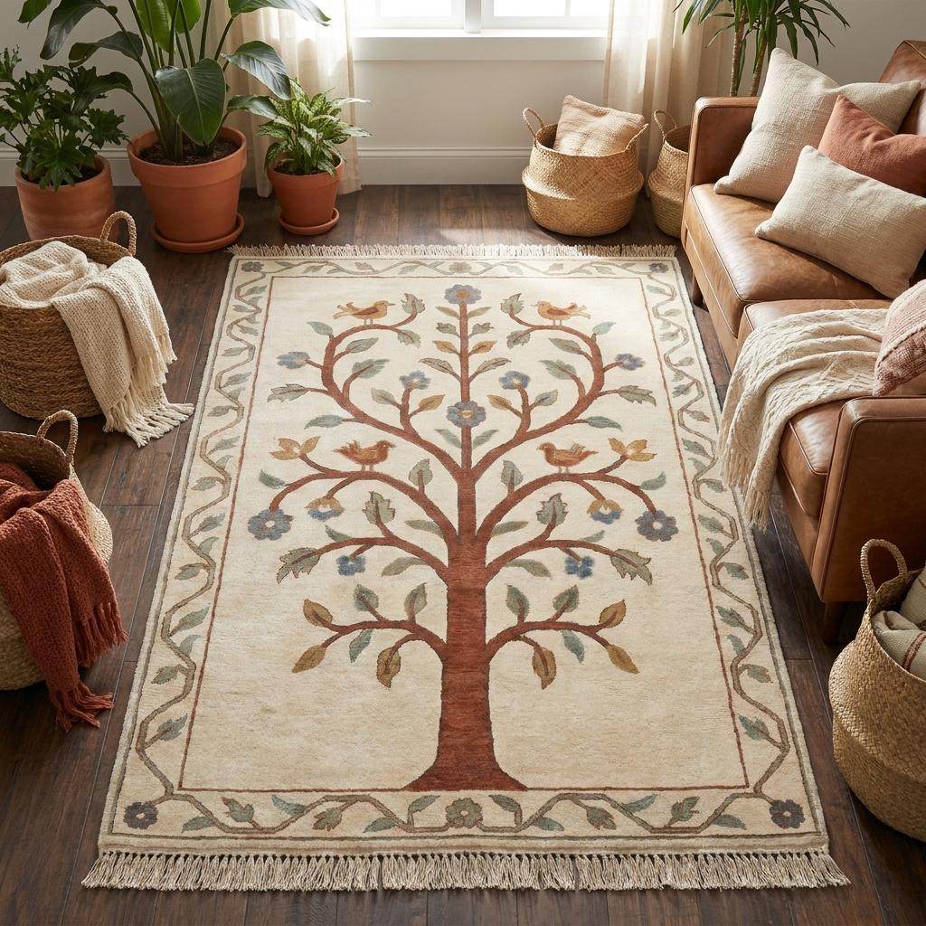 Hand knotted tree of life rug available in rectangular, round, and runner sizes ideal for hallway, living room, and bedroom __etsy:7917706252