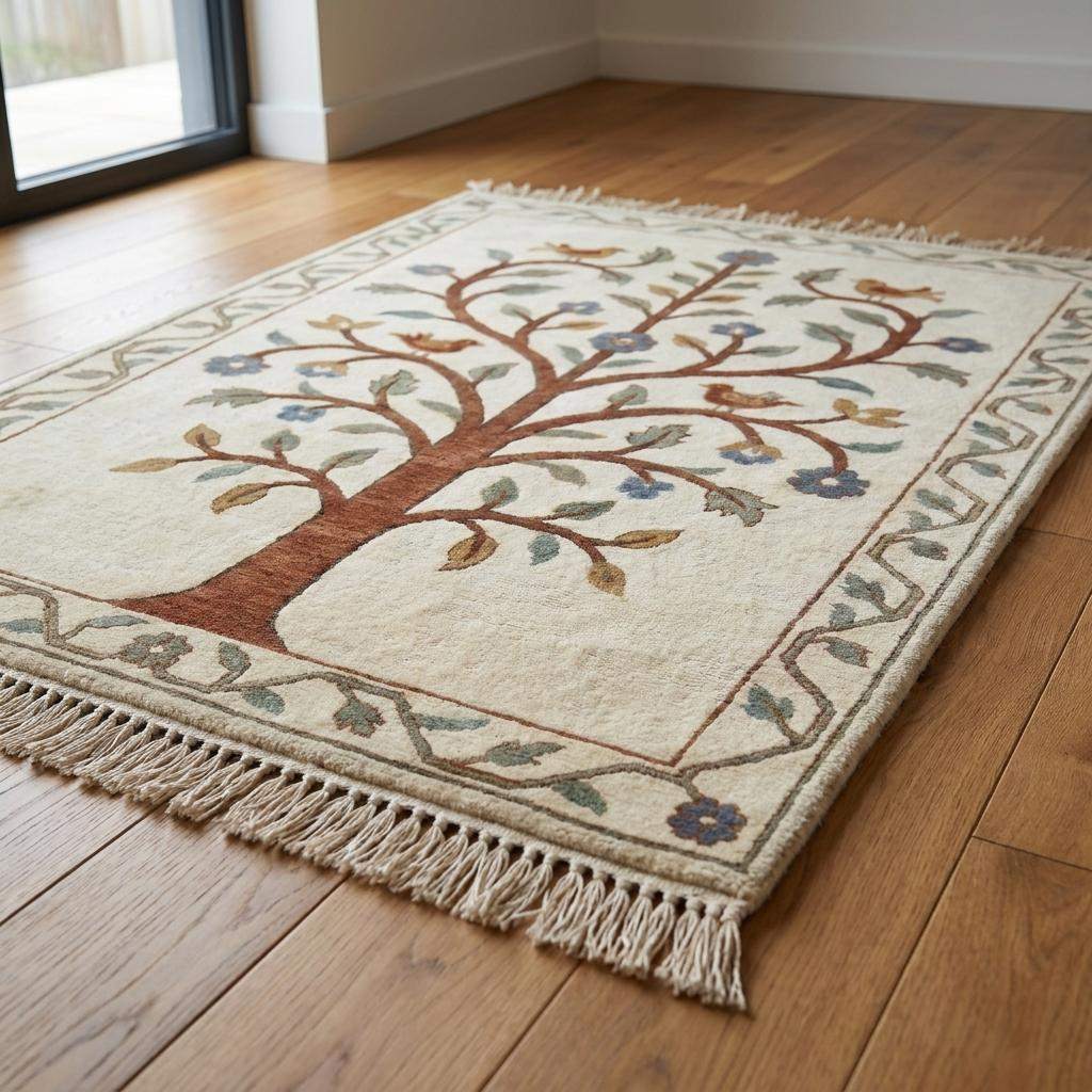 Neutral wool area rug with nature inspired tree design and soft blue floral accents for warm interior styling __etsy:7917706262