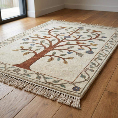 Neutral wool area rug with nature inspired tree design and soft blue floral accents for warm interior styling __etsy:7917706262