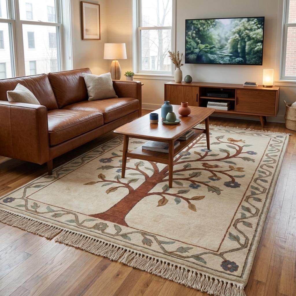 Traditional handmade wool carpet with bird and vine pattern offering timeless artisan craftsmanship __etsy:7965657173