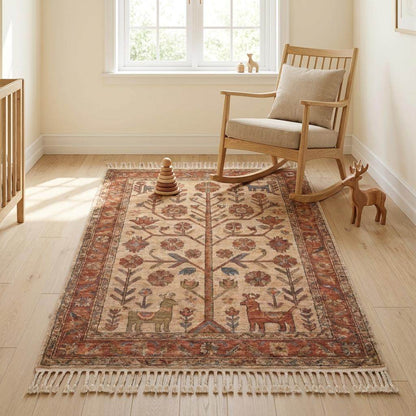 Hand Knotted Tree of Life Rug Tribal Wool Carpet Rustic Indo-Persian Style Area Rug Ivory Rust Living Room Decor __etsy:7950305934