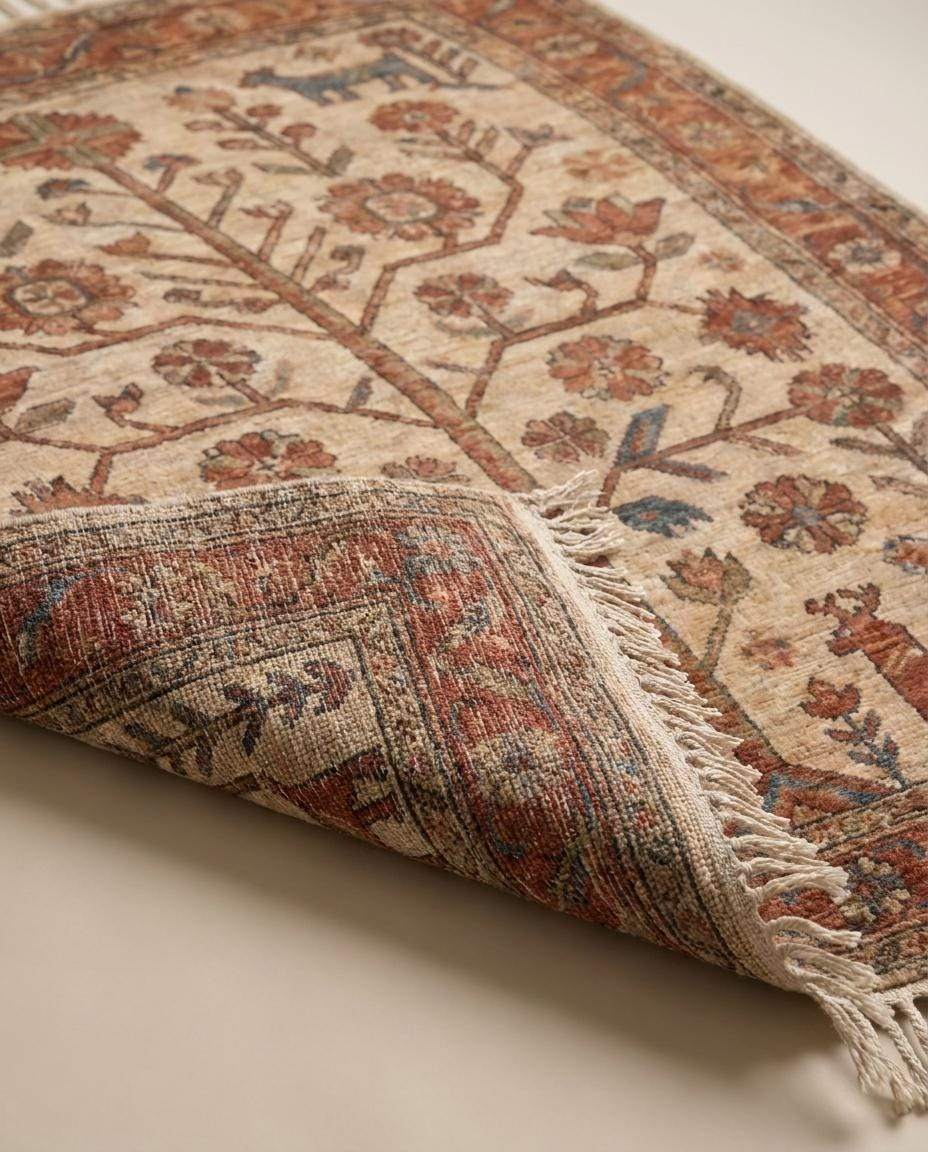 Hand Knotted Tree of Life Rug Tribal Wool Carpet Rustic Indo-Persian Style Area Rug Ivory Rust Living Room Decor __etsy:7950305938