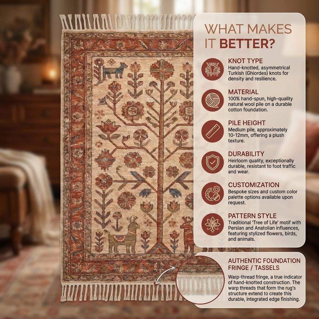 Hand Knotted Tree of Life Rug Tribal Wool Carpet Rustic Indo-Persian Style Area Rug Ivory Rust Living Room Decor __etsy:7998262807