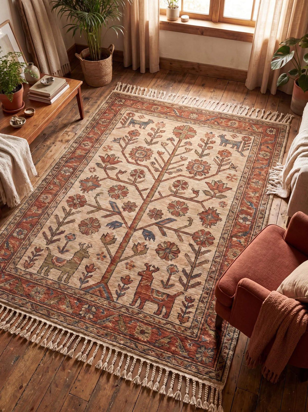 Hand knotted Tree of Life wool rug with tribal animal and floral motifs in ivory and rust colors for rustic living room decor