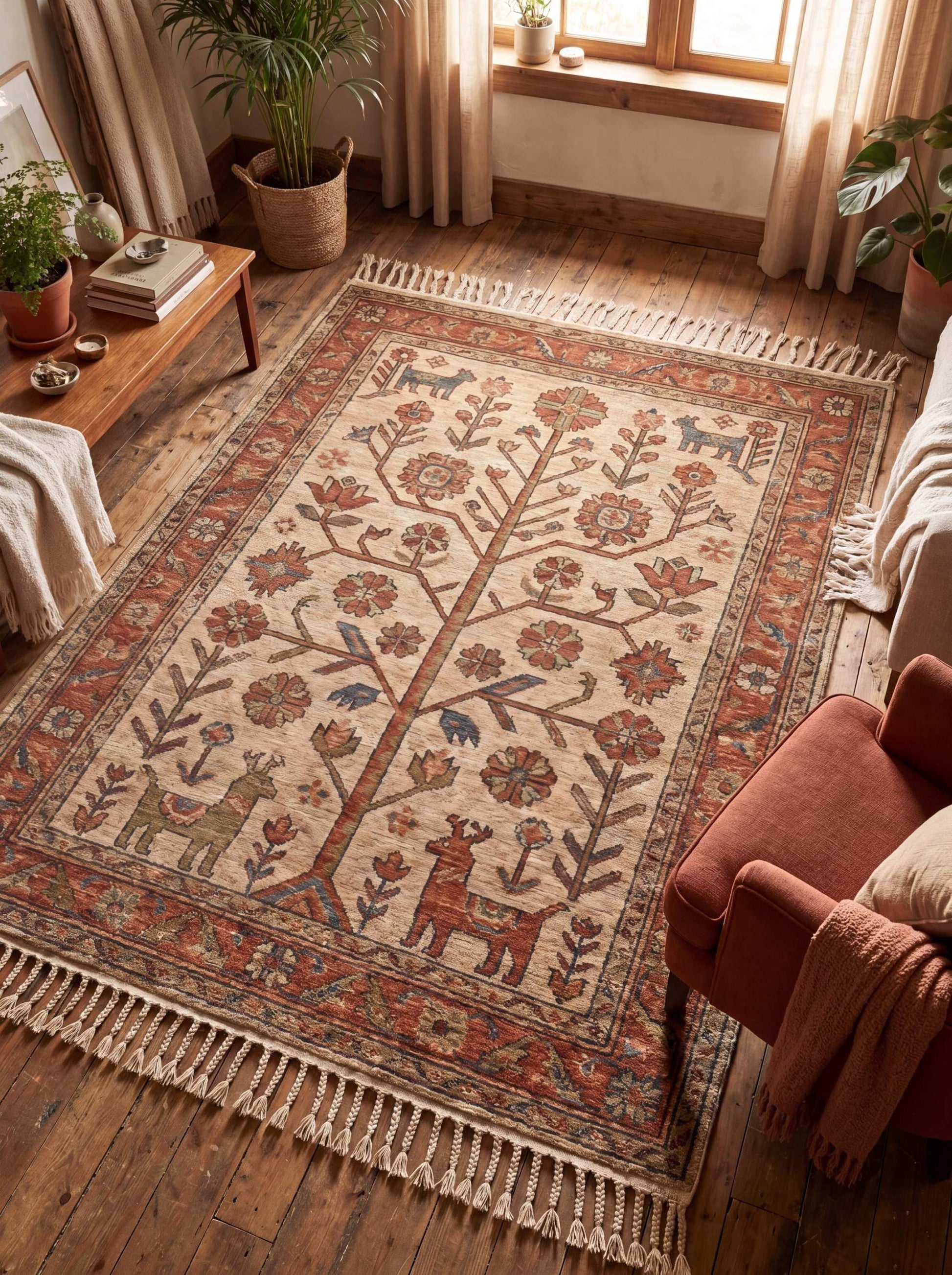 Hand knotted Tree of Life wool rug in ivory and rust tones placed in warm rustic living room __etsy:7950305520