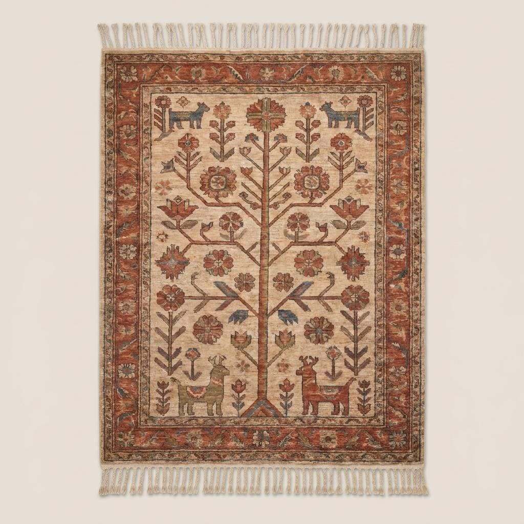 Traditional tribal hand knotted carpet with animal motifs and Tree of Life pattern in ivory red palette __etsy:7950305884
