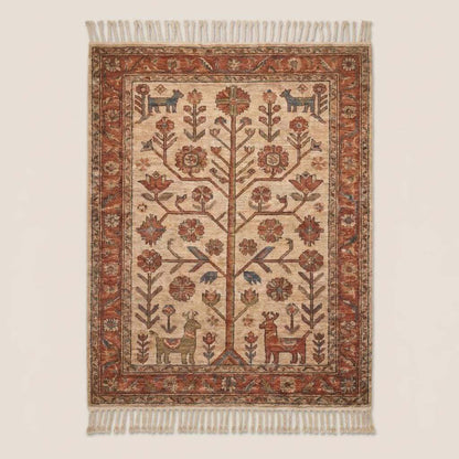 Traditional tribal hand knotted carpet with animal motifs and Tree of Life pattern in ivory red palette __etsy:7950305884