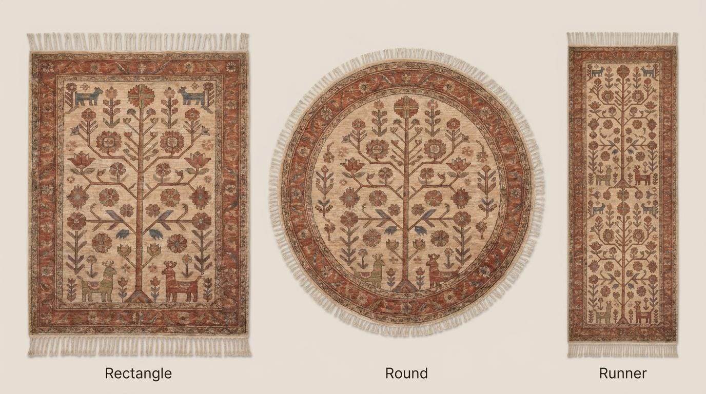 Hand knotted rug available in rectangle area rug, runner hallway rug, round circle rug, oval and custom shapes with Tree of Life design __etsy:7998262767