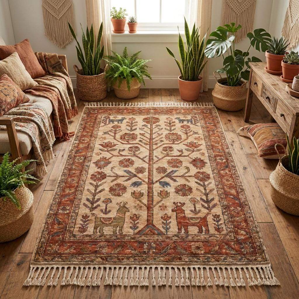 Rustic Persian style wool rug with floral border and artisan handmade details for living room decor __etsy:7950305908